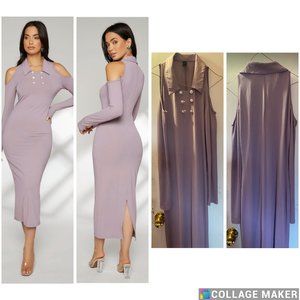 Rib Cold Shoulder Button Split Hem Dress